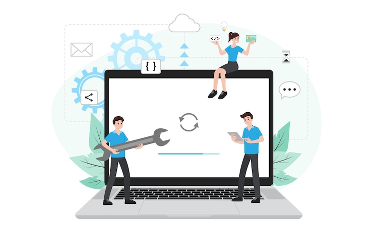 Vector it administrator with software upgrade process on laptop. digital system device administration, network upkeeping, computer systems configuration concept. system maintenance application vector.