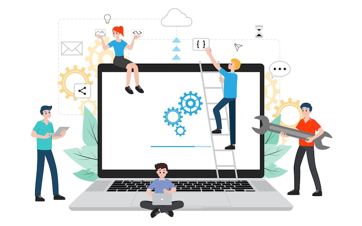 Vector it administrator with software upgrade process on laptop. digital system device administration, network upkeeping, computer systems configuration concept. system maintenance application vector.