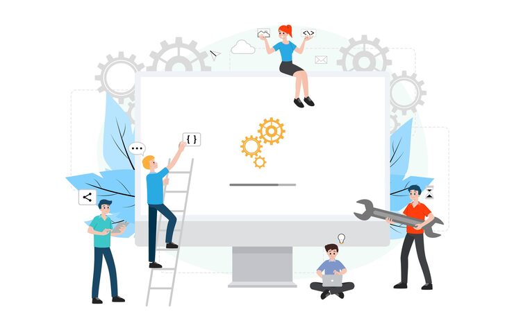 Vector it administrator with software upgrade process on laptop. digital system device administration, network upkeeping, computer systems configuration concept. system maintenance application vector.