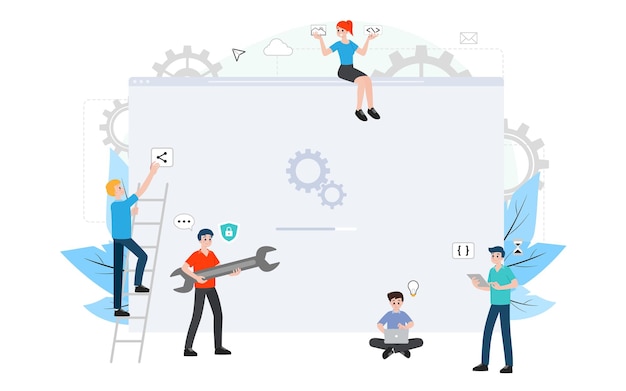 IT administrator with software upgrade process on website. Digital system device administration, network upkeeping, network systems configuration concept. System maintenance application vector.