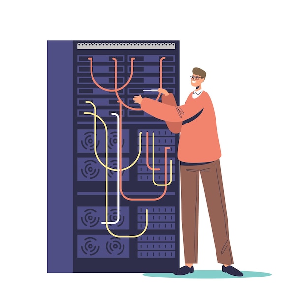 Vettore amministratore it che lavora nella sala server manutenzione del servizio rete di amministrazione del sistema