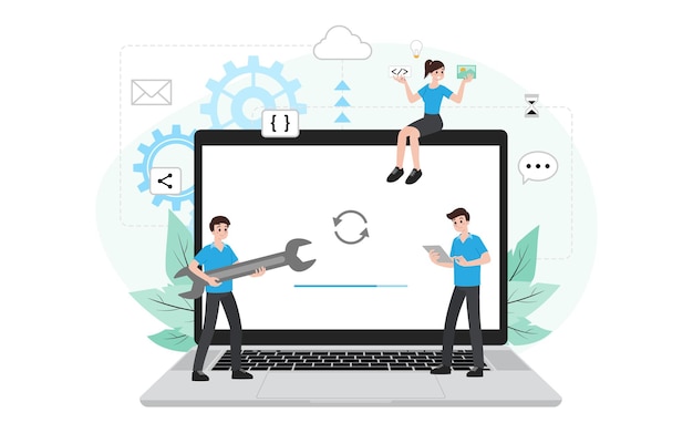 It-beheerder met software-upgradeproces op laptop. digitaal systeemapparaatbeheer, netwerkonderhoud, configuratieconcept voor computersystemen. systeem onderhoud applicatie vector.
