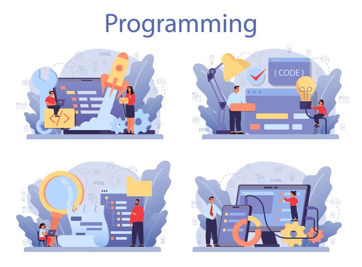 Vector it 교육 개념을 설정합니다. 학생이 소프트웨어를 작성하고 컴퓨터 용 코드를 만듭니다. 프로젝트 및 앱용 코딩 스크립트. 웹 사이트, 인터페이스 및 장치를위한 디지털 기술. .