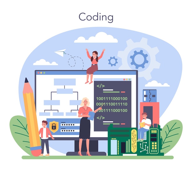 IT education concept. Student write software and create code for computer. Coding script for project and app. Digital technology for website, interface and devices. Vector illustration.