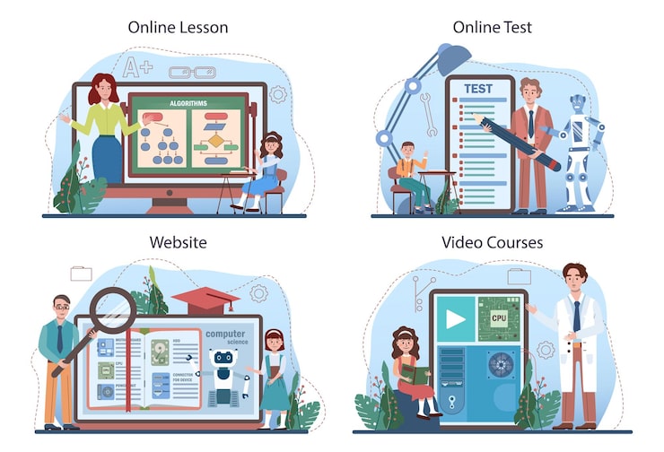 Vector it education online service or platform set. students learning about algorithms, ai and computers, scripts and data structure. online lesson, test, video course, website. flat vector illustration.