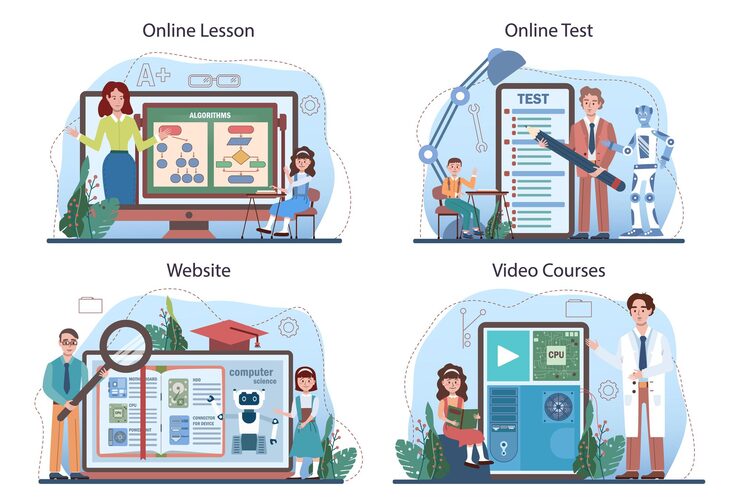 Vector 在線課程,測試,視頻課程,網站. 平面向量插圖. 學生學習算法,人工智能和電腦,脚本和數據結構.