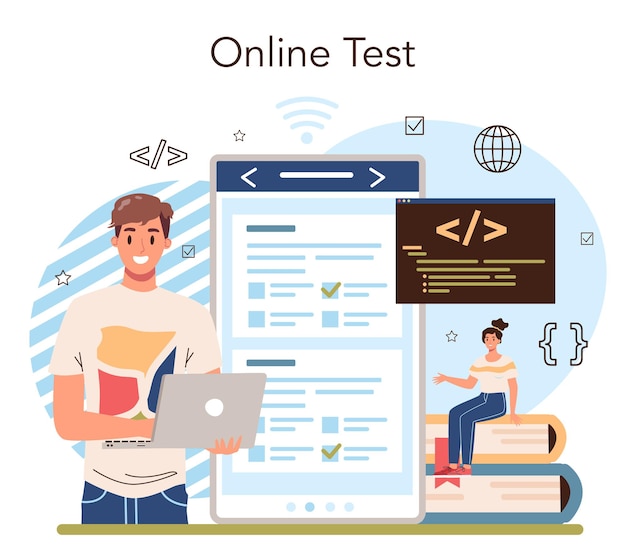 Servizio o piattaforma online di formazione informatica. gli studenti scrivono software e creano codice per computer. script di codifica per sito web e app. prova in linea. illustrazione vettoriale.