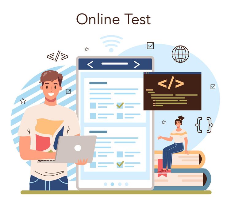 Vector it education online service or platform. student write software and create code for computer. coding script for website and app. online test. vector illustration.