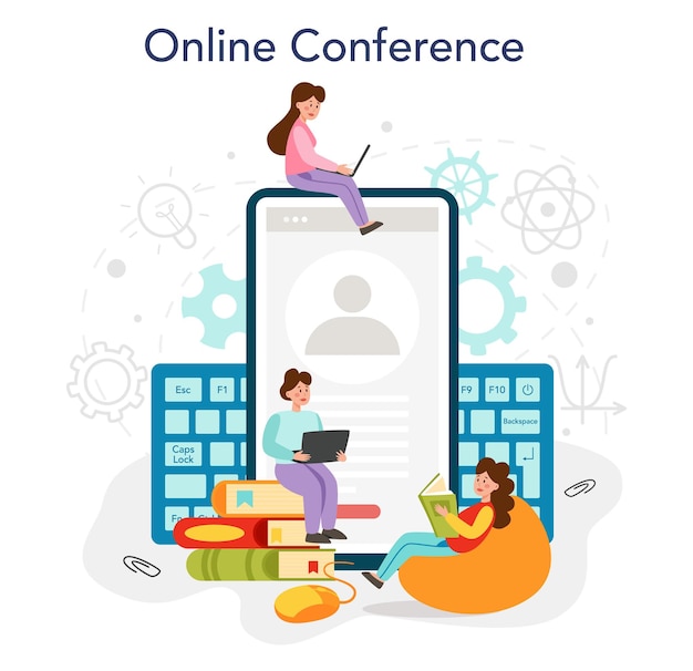 It education online service or platform student write software\
and create code digital technology for website interface online\
conference vector flat illustration