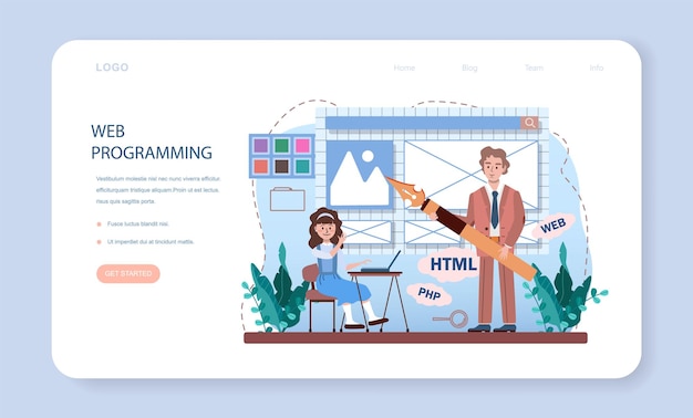 IT教育のWebバナーまたはランディングページ。学生はプログラミングを学び、ソフトウェアを書き、コンピューター用のスクリプトをエンコードします。コンピュータサイエンスとテクノロジー。フラットベクトル図。