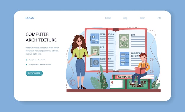 IT教育のWebバナーまたはランディングページ。アルゴリズム、AIとコンピューター、スクリプト、データ構造について学ぶ学生。コンピュータサイエンスとテクノロジー。フラットベクトルイラスト。