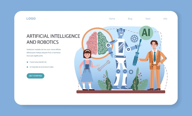 it education web banner or landing page. students learning about algorithms, ai and computers, scripts and data structure. computer science and technology. flat vector illustration.