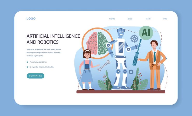 Vector it 교육 웹 배너 또는 방문 페이지. 알고리즘, ai 및 컴퓨터, 스크립트 및 데이터 구조에 대해 배우는 학생들. 컴퓨터 과학 및 기술입니다. 평면 벡터 일러스트 레이 션.