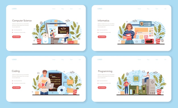 It教育のwebバナーまたはランディングページセット。学生はソフトウェアを作成し、コンピューター用のコードを作成します。 webプロジェクトとアプリのコーディングスクリプト。ベクトルイラスト。