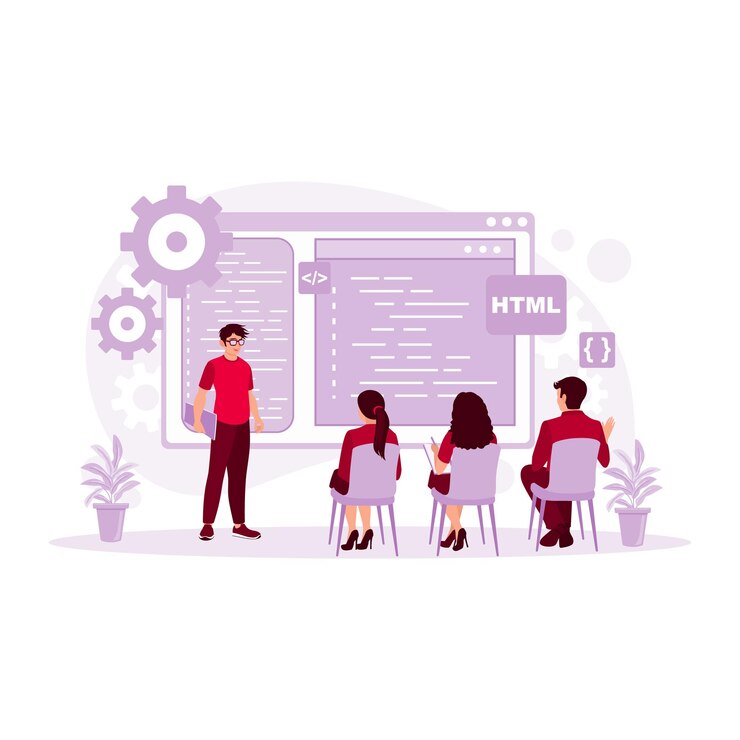 Vector it expert explaining to colleagues about computer science in a meeting room