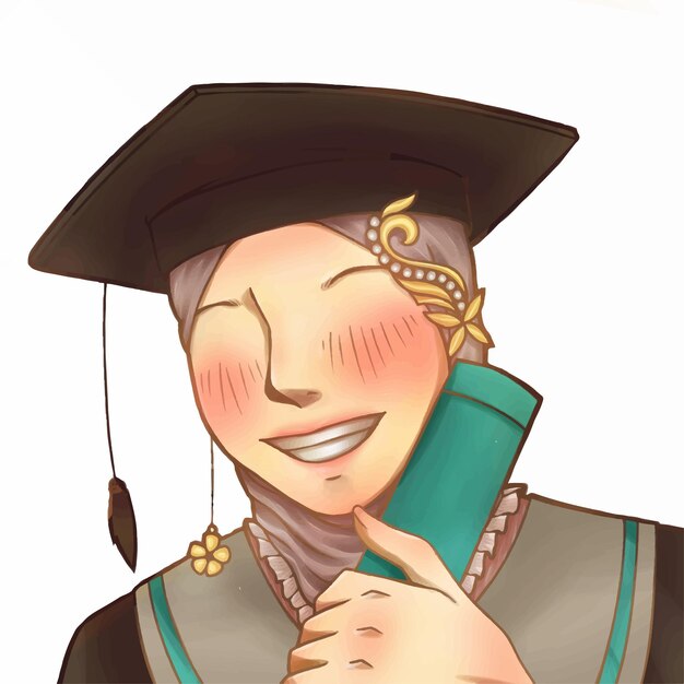 Vector it is an illustration of a woman wearing a hijab celebrating her graduation while holding a diploma