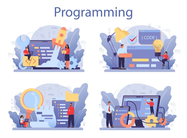 IT-onderwijsconceptenset. Leerlingen schrijven software en maken code voor de computer. Coderingsscript voor project en app. Digitale technologie voor website, interface en apparaten. .