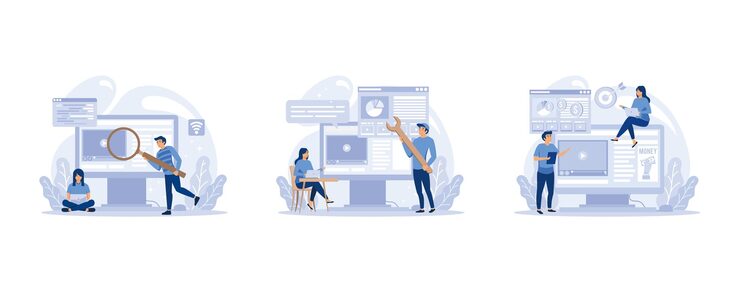Vector it profession set. programmer write software and create code for computer. coding script for project