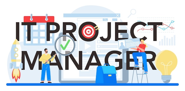 IT-projectmanager typografische koptekst Succesvolle strategieplanning, motivatie en leiderschap Marketinganalyse en -ontwikkeling Vectorillustratie in cartoonstijl