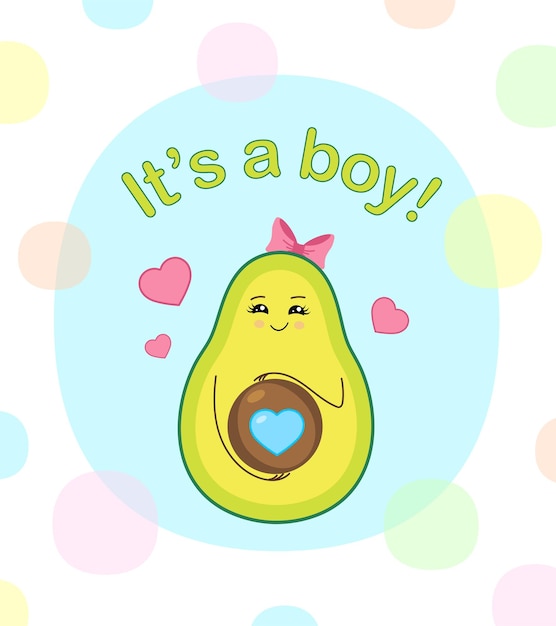 그것은 소년입니다 베이비 샤워 파티 아이의 성별 임신 발표 아기를 기대하는 행복한 임산부 만화 아보카도