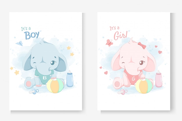 It's a boy or it's a girl greeting card for baby shower with a little cute elephant.