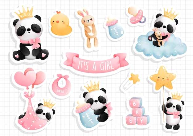 It's a girl, Baby panda sticker, scrapbook. Vector illustration