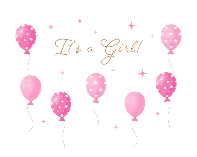 Vector it's a girl baby shower greeting card with pink balloons