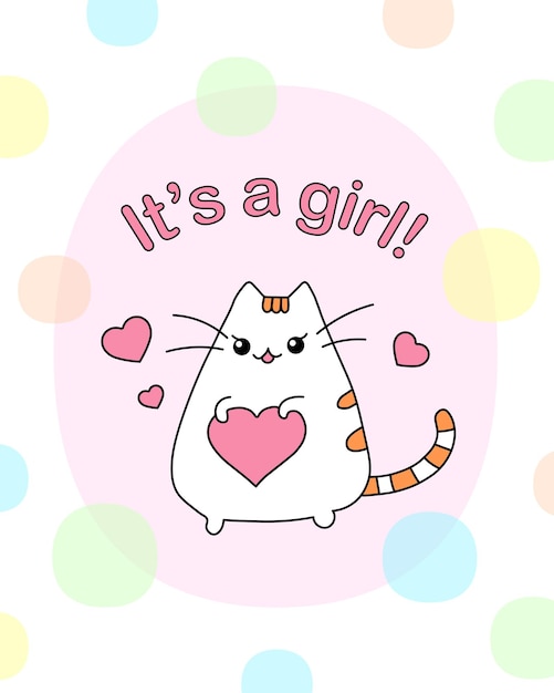 It's a girl Baby shower party Gender of a child Cartoon cat Kawaii
