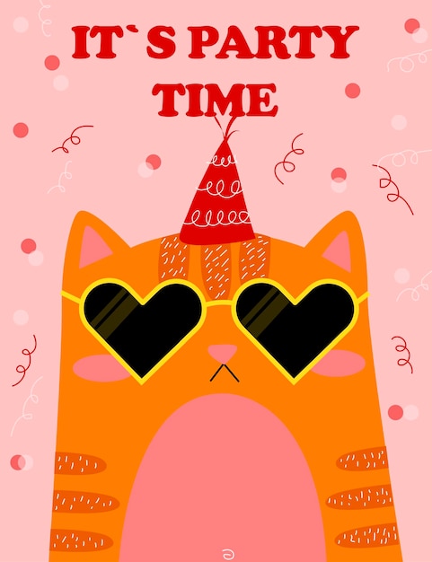 Vector it`s party time greeting card with cute red cat