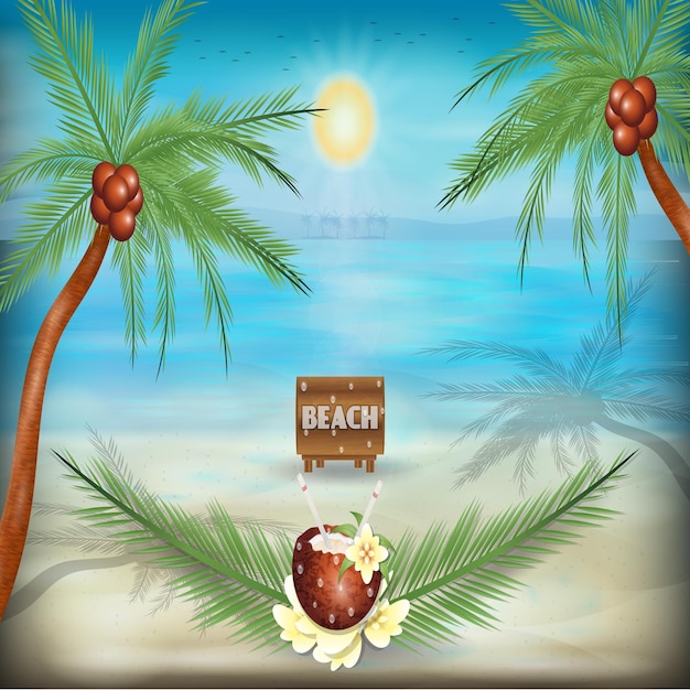 Vettore È il giorno d'estate il fiore della palma da cocco giornata di sole estivo e il paesaggio della spiaggia