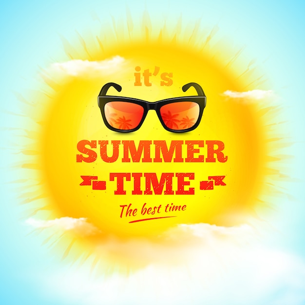 Vector it's summer time typographic inscription with sunglasses on 3d realistic sun and clouds.  illustration