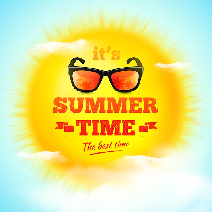 Vector it&#39;s summer time typographic inscription with sunglasses on 3d realistic sun and clouds.  illustration