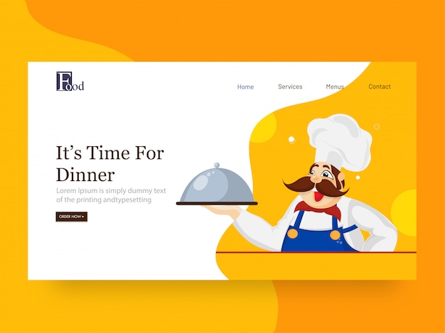 Vector it's time for dinner landing page  with chef character holding cloche on abstract .