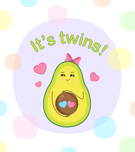 Vector it's twins baby shower party gender of a child pregnancy announcement expecting a baby happy pregnant mother cartoon avocado
