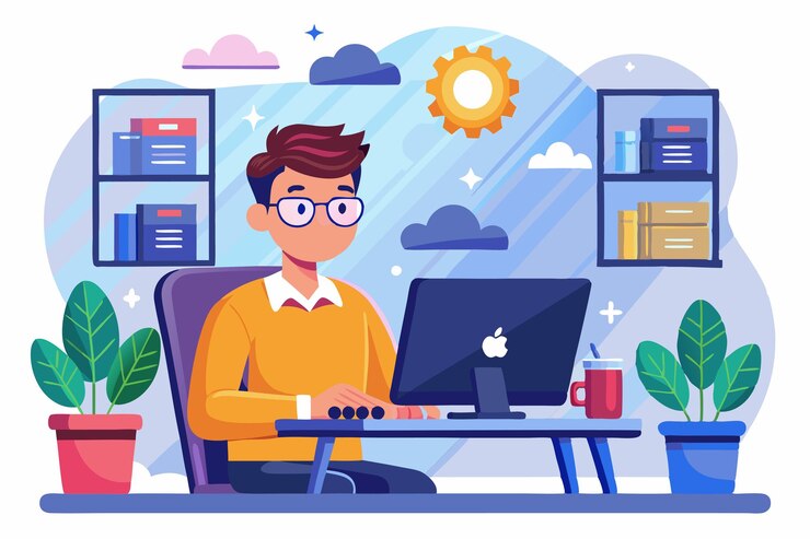 Vector an it specialist focused on programming at a desk with plants and books while sunlight streams through a window it specialist and ptogrammer at workplace