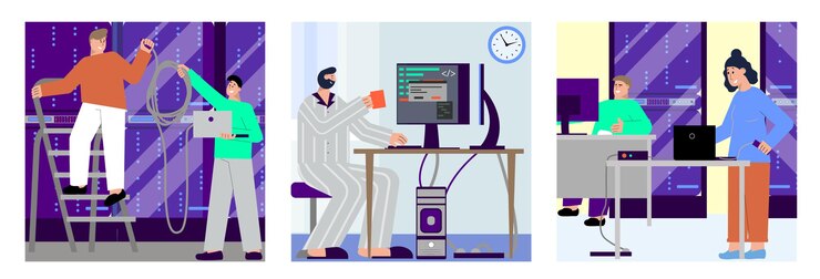 Vector it specialist set of square compositions with flat characters of technical specialists near servers and workplaces