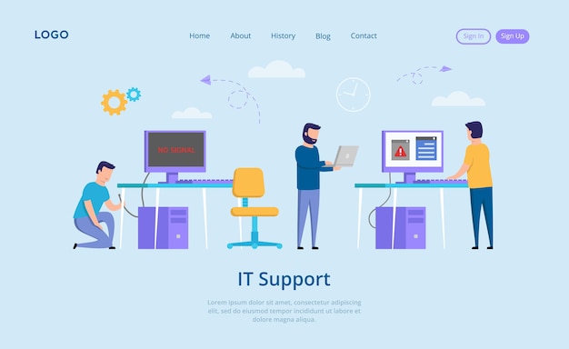 IT Support Concept. No Signal Message On The Screen, Annoyed People And Unplugged Computer. IT Support Repairer Helps To Solve The Problems With Internet Connection. In Flat Style.