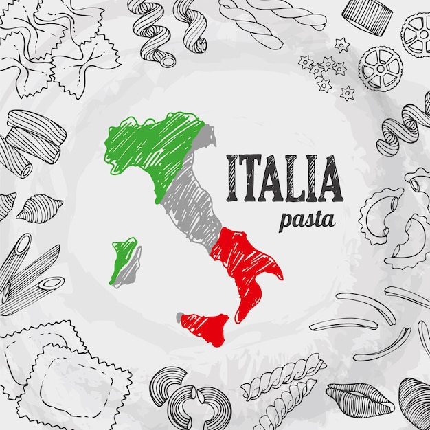 Vettore fondo di vettore stabilito dell'alimento di italia con la mappa italiana disegnata a mano della pasta dell'italia