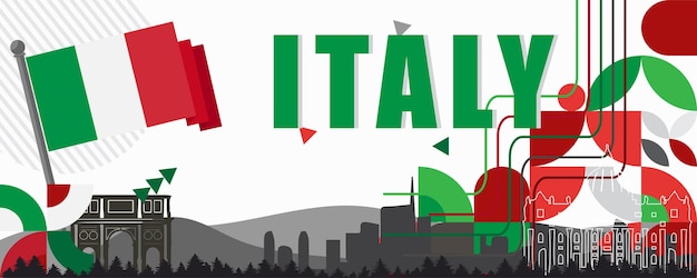 이탈리아 국경일 배너 디자인 이탈리아 국기 빨강 및 녹색 색상의 추상적인 기하학적 복고풍 모양 이탈리아 벡터 그림