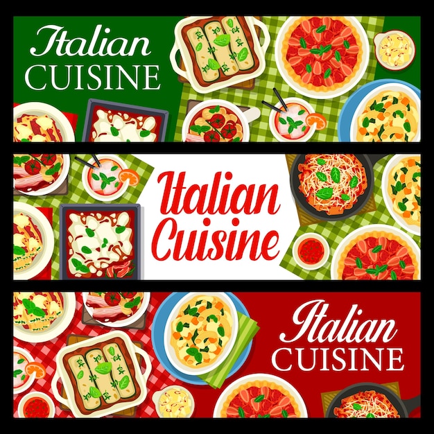 Vector italiaans eten banners pasta lasagne en braadpan