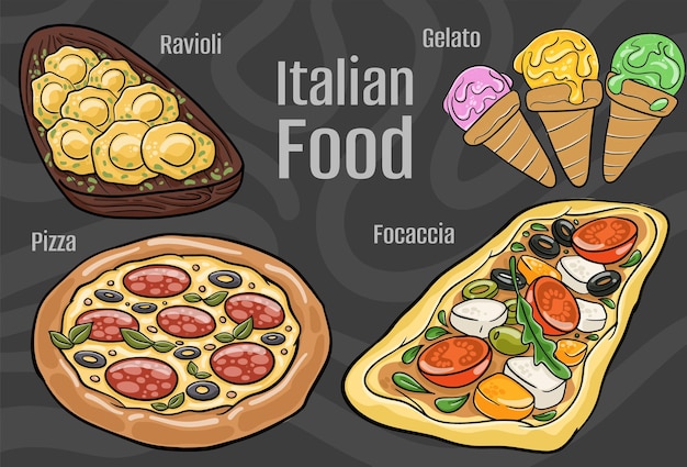 Italiaans eten Een set van klassieke gerechten Cartoon hand getekende illustratie