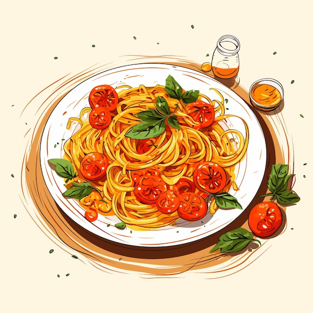 Italiaans eten Pasta met tomaten- en vleessaus op een bord Spaghetti bolognese vectorillustratie