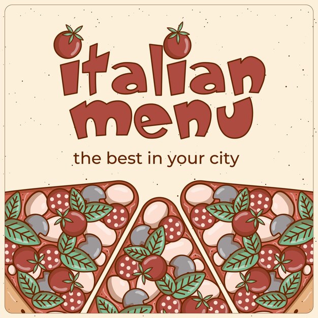 Italiaans menu belettering Fastfood stuk Pizza Poster kaart flyer menusjabloon voor café-restaurant of bezorgservice voor eten Vectorillustratie