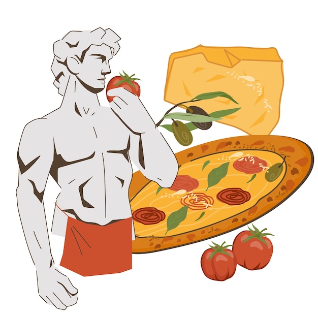 Italiaans standbeeld met pizza hand getrokken vectorillustratie geïsoleerd op wit