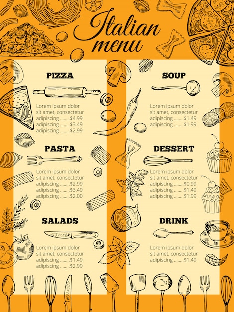 Italiaans voedselmenu van verschillende deegwaren en pizza