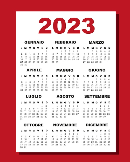 Italiaanse kalender voor 2023. Kalender voor 2022 in het Italiaans. Week begint op maandag. Verticaal bewerkbaar