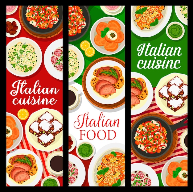 Vector italiaanse keukenbanners van restaurantpastagerechten