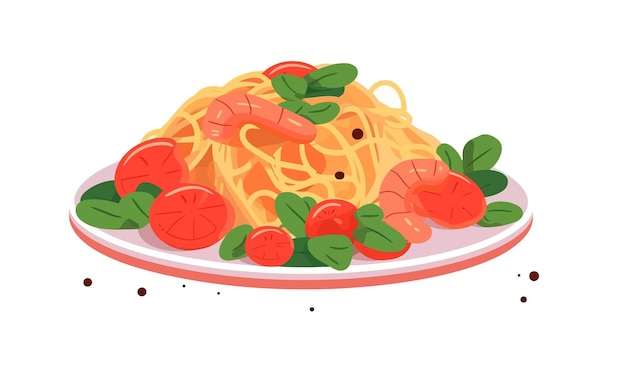 Italiaanse pasta met garnalen en tomaten Geïsoleerd op witte achtergrond Cartoon vectorillustratie