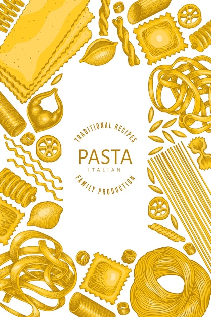 Vector italiaanse pasta ontwerpsjabloon. hand getekend voedsel illustratie. vintage pasta verschillende soorten achtergrond.
