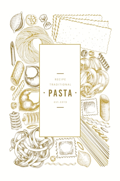 Italiaanse pasta ontwerpsjabloon. hand getekend voedsel vectorillustratie. gegraveerde stijl. vintage pasta verschillende soorten.